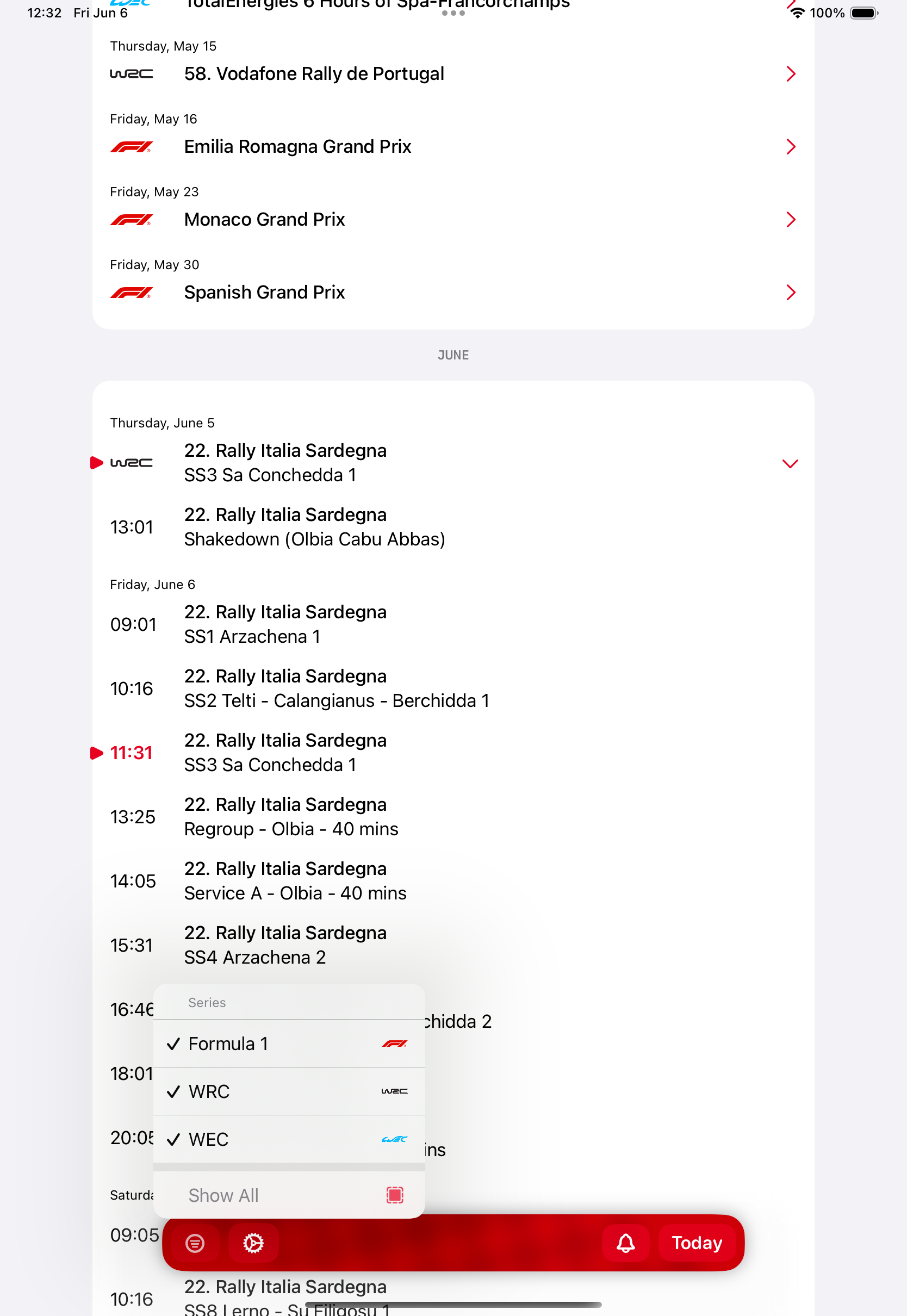 Calendar screen